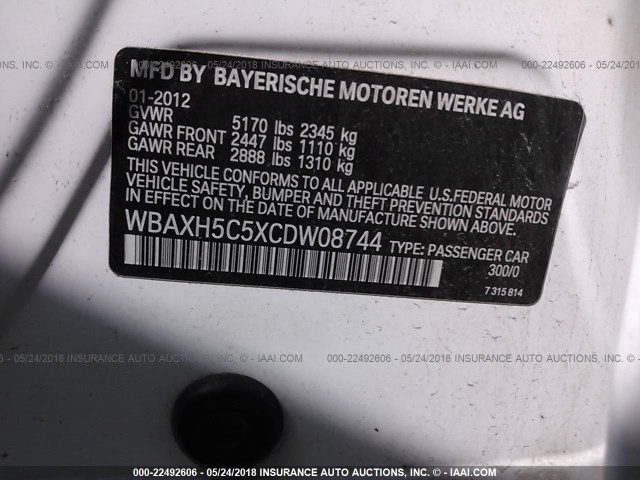 WBAXH5C5XCDW08744 - 2012 BMW 528 XI WHITE photo 9