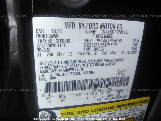 5LMJJ3HTXGEL03598 - 2016 LINCOLN NAVIGATOR L/SELECT 黑色 照片 9