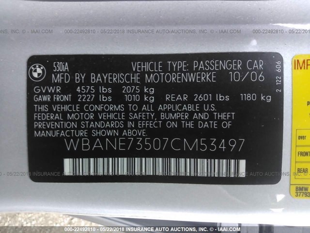 WBANE73507CM53497 - 2007 BMW 530 I SILVER photo 9