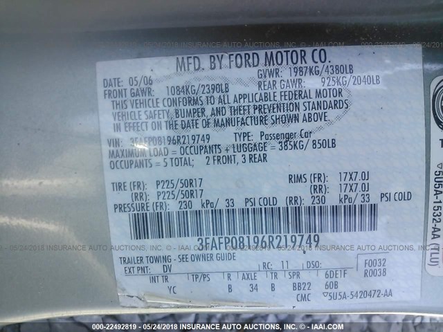 3FAFP08196R219749 - 2006 FORD FUSION SEL GREEN photo 9