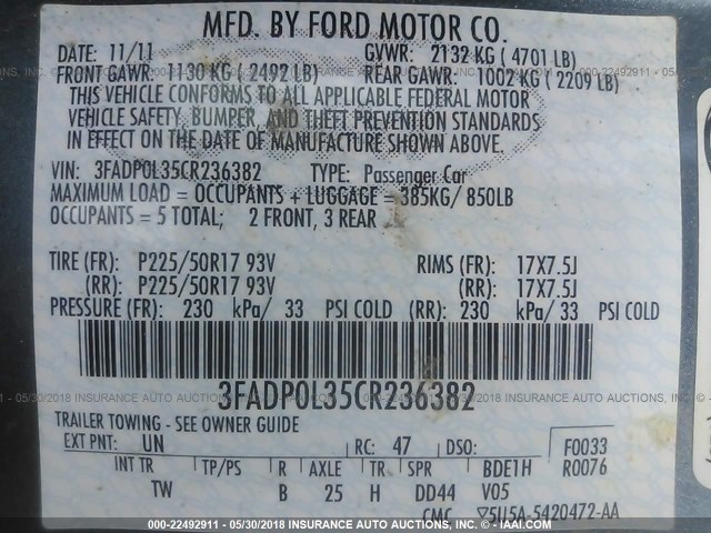 3FADP0L35CR236382 - 2012 FORD FUSION HYBRID BLUE photo 9