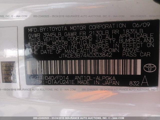 JTKDE3B74A0303842 - 2010 TOYOTA SCION TC 白色 照片 9