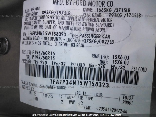 1FAFP34N15W158323 - 2005 FORD FOCUS ZX4 GRAY photo 9