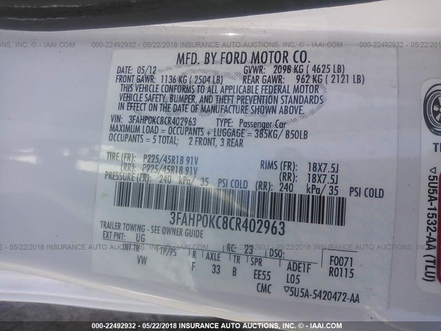 3FAHP0KC8CR402963 - 2012 FORD FUSION SPORT WHITE photo 9