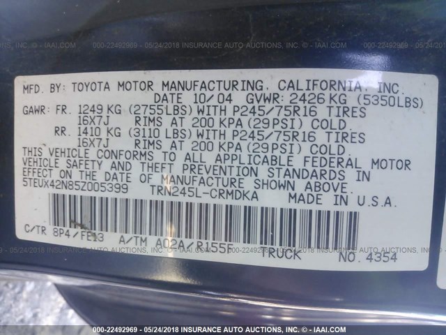 5TEUX42N85Z005399 - 2005 TOYOTA TACOMA ACCESS CAB Կապույտ լուսանկար 9