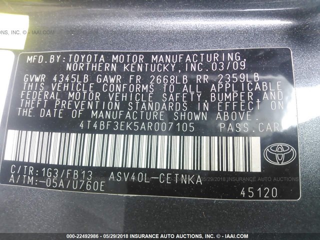 4T4BF3EK5AR007105 - 2010 TOYOTA CAMRY SE/LE/XLE 灰色 照片 9