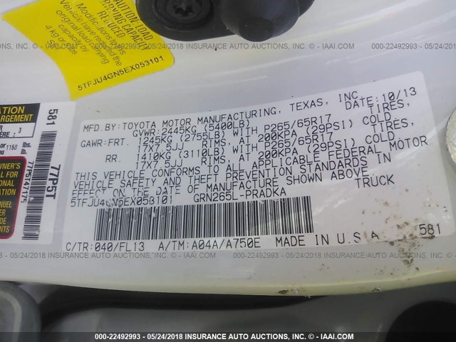 5TFJU4GN5EX053101 - 2014 TOYOTA TACOMA DOUBLE CAB PRERUNNER WHITE photo 9