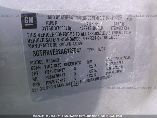 3GTRKVE32AG125547 - 2010 GMC SIERRA K1500 SLE SILVER photo 9