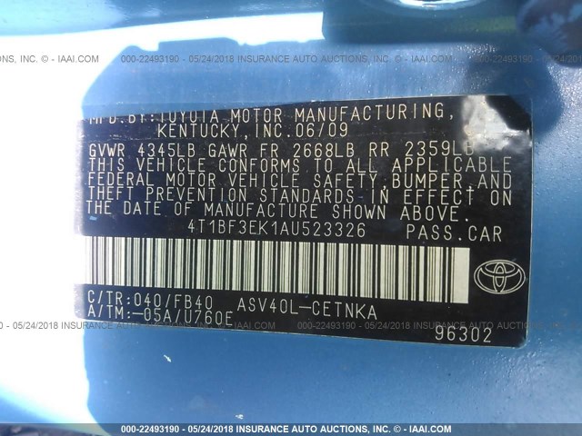 4T1BF3EK1AU523326 - 2010 TOYOTA CAMRY SE/LE/XLE BLUE photo 9