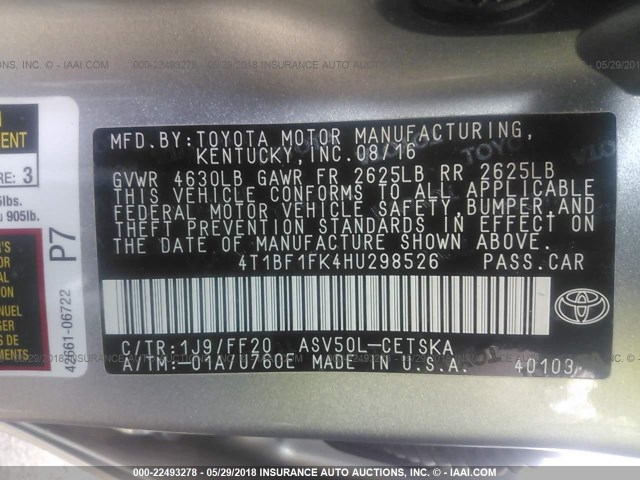 4T1BF1FK4HU298526 - 2017 TOYOTA CAMRY LE/XLE/SE/XSE SILVER photo 9