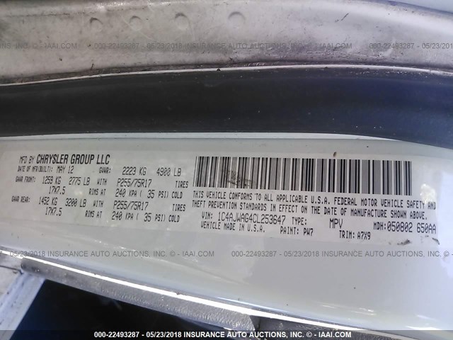 1C4AJWAG4CL253647 - 2012 JEEP WRANGLER SPORT 白色 照片 9