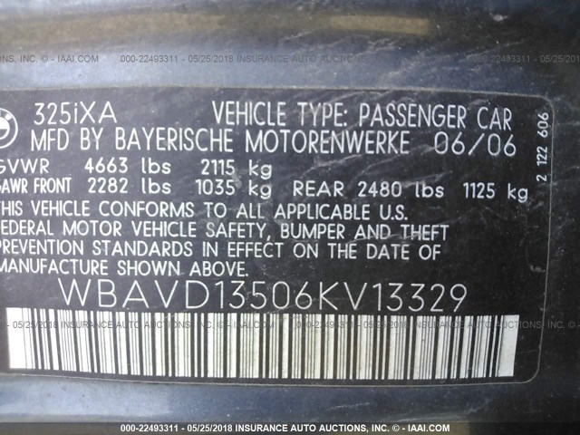 WBAVD13506KV13329 - 2006 BMW 325 XI GRAY photo 9