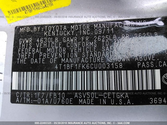 4T1BF1FK6CU003158 - 2012 TOYOTA CAMRY SE/LE/XLE SILVER photo 9