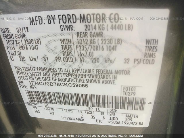 1FMCU0D78CKC59056 - 2012 FORD ESCAPE XLT GRAY photo 9