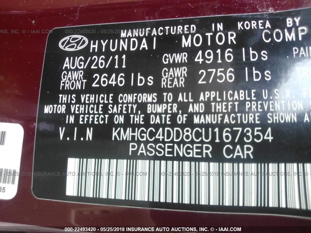 KMHGC4DD8CU167354 - 2012 HYUNDAI GENESIS 3.8L BURGUNDY photo 9