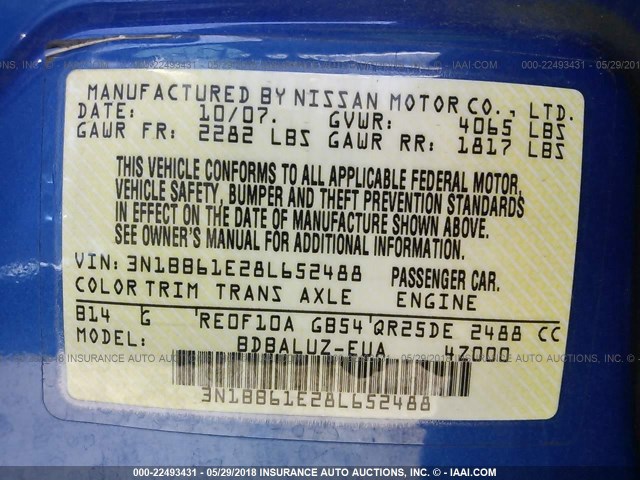 3N1BB61E28L652488 - 2008 NISSAN SENTRA SE-R BLUE photo 9