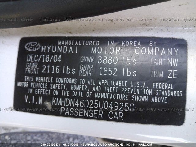 KMHDN46D25U049250 - 2005 HYUNDAI ELANTRA GLS/GT WHITE photo 9