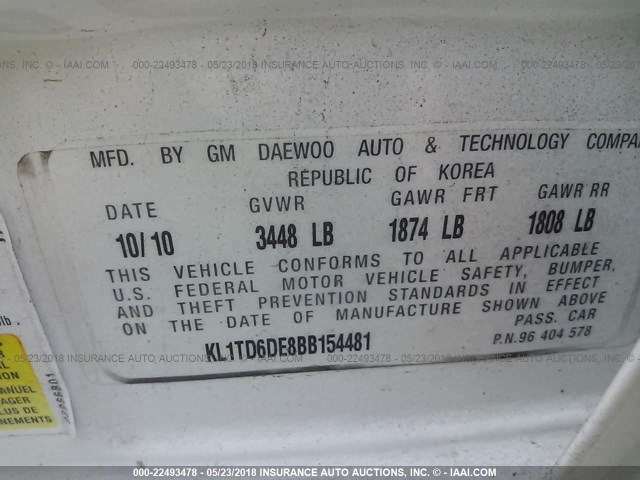 KL1TD6DE8BB154481 - 2011 CHEVROLET AVEO LS/LT 白色 照片 9