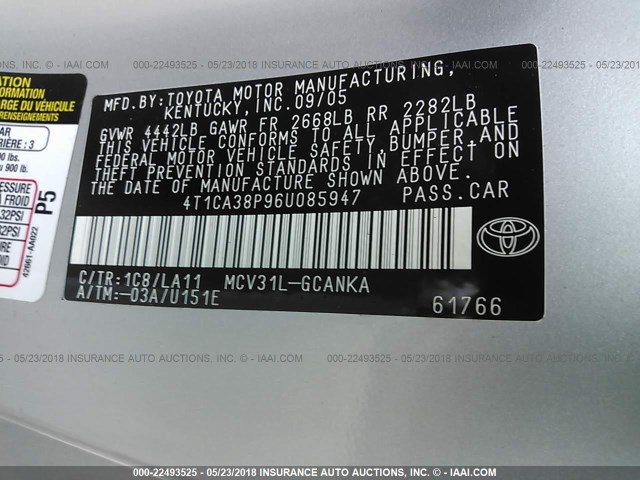 4T1CA38P96U085947 - 2006 TOYOTA CAMRY SOLARA SE/SLE ნაცრისფერი ფოტო 9