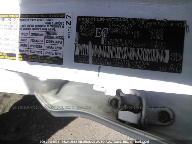 2T1KR32E08C706427 - 2008 TOYOTA COROLLA MATRIX XR WHITE photo 9