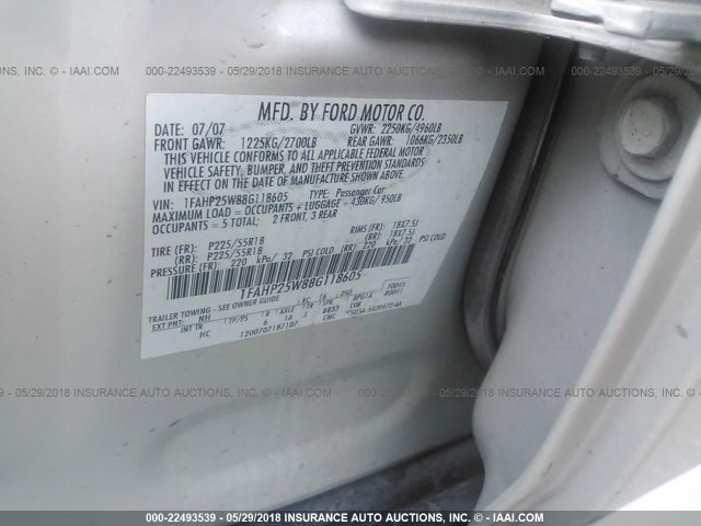 1FAHP25W88G118605 - 2008 FORD TAURUS LIMITED WHITE photo 9