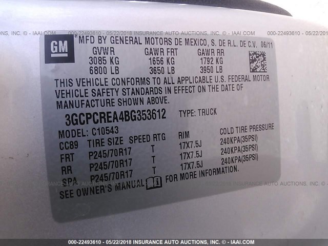 3GCPCREA4BG353612 - 2011 CHEVROLET SILVERADO C1500  LS SILVER photo 9