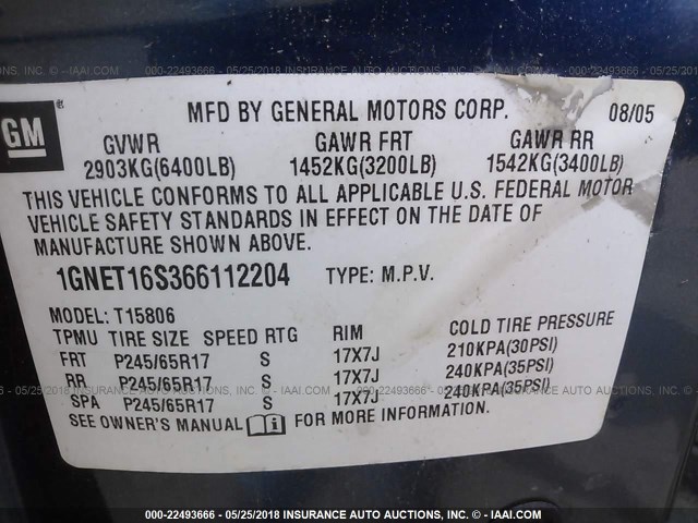 1GNET16S366112204 - 2006 CHEVROLET TRAILBLAZER EXT LS/EXT LT BLUE photo 9