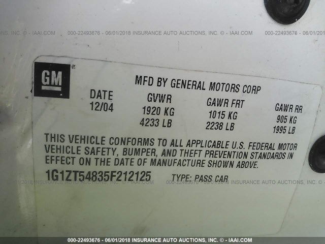 1G1ZT54835F212125 - 2005 CHEVROLET MALIBU LS 白色 照片 9