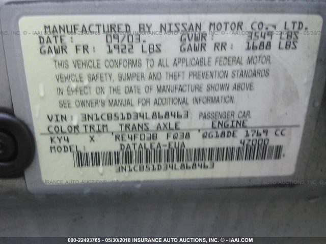 3N1CB51D34L868463 - 2004 NISSAN SENTRA 1.8/1.8S SILVER photo 9