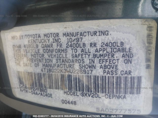 4T1BG22K3WU226917 - 1998 TOYOTA CAMRY CE/LE/XLE მწვანე ფოტო 9