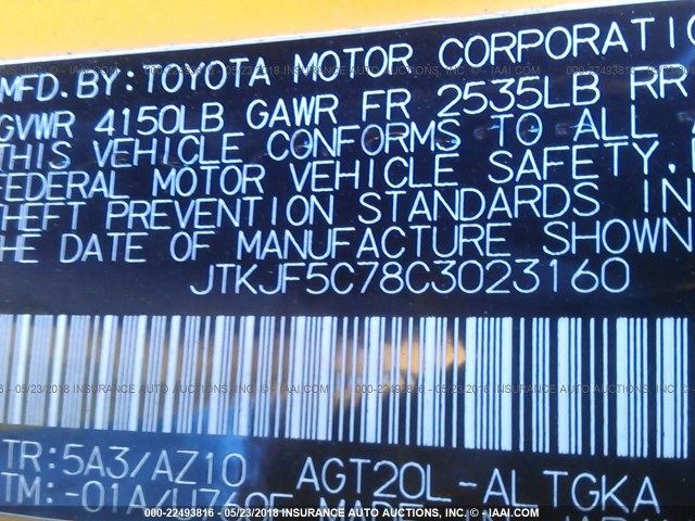 JTKJF5C78C3023160 - 2012 TOYOTA SCION TC 黄色 照片 9