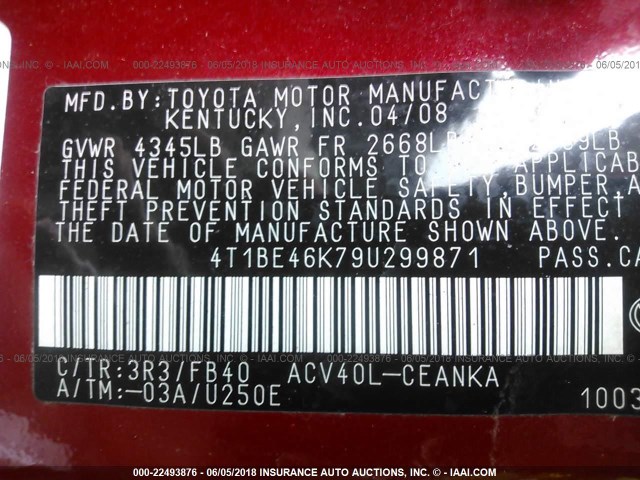 4T1BE46K79U299871 - 2009 TOYOTA CAMRY SE/LE/XLE RED photo 9