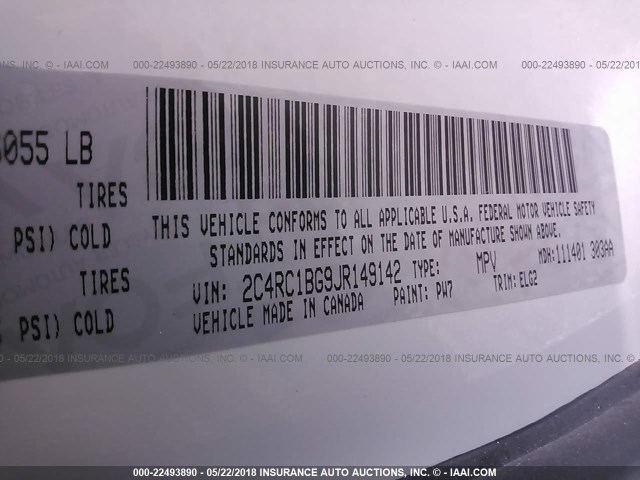 2C4RC1BG9JR149142 - 2018 CHRYSLER PACIFICA TOURING L თეთრი ფოტო 9