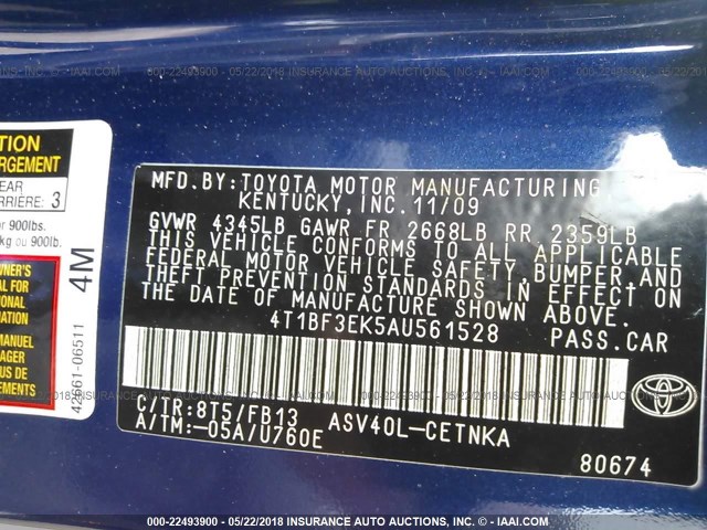 4T1BF3EK5AU561528 - 2010 TOYOTA CAMRY SE/LE/XLE BLUE photo 9