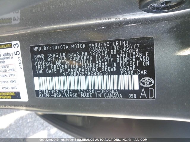 2T1BR32E78C896131 - 2008 TOYOTA COROLLA CE/LE/S GRAY photo 9