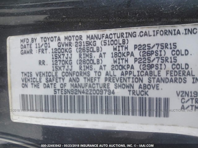 5TESN92N42Z009794 - 2002 TOYOTA TACOMA XTRACAB PRERUNNER 灰色 照片 9