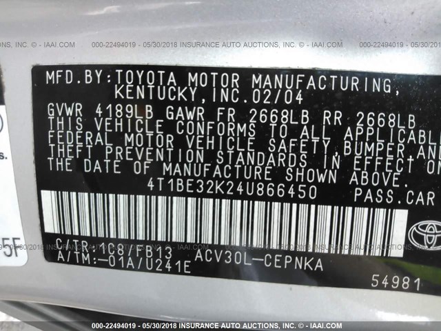 4T1BE32K24U866450 - 2004 TOYOTA CAMRY LE/XLE/SE 灰色 照片 9