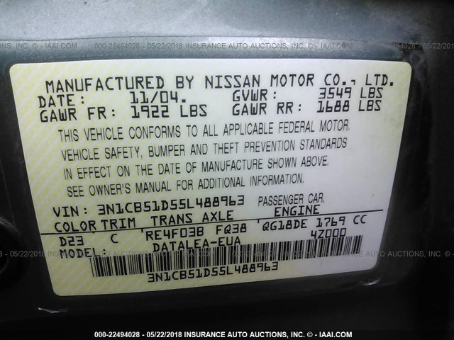 3N1CB51D55L488963 - 2005 NISSAN SENTRA 1.8/1.8S 绿色 照片 9