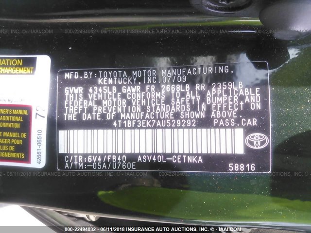 4T1BF3EK7AU529292 - 2010 TOYOTA CAMRY SE/LE/XLE 绿色 照片 9