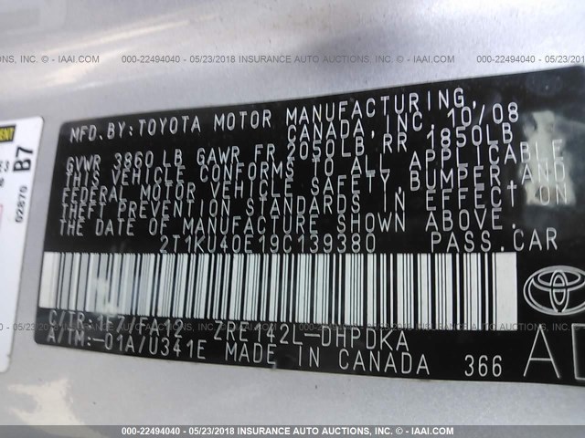 2T1KU40E19C139380 - 2009 TOYOTA COROLLA MATRIX  SILVER photo 9