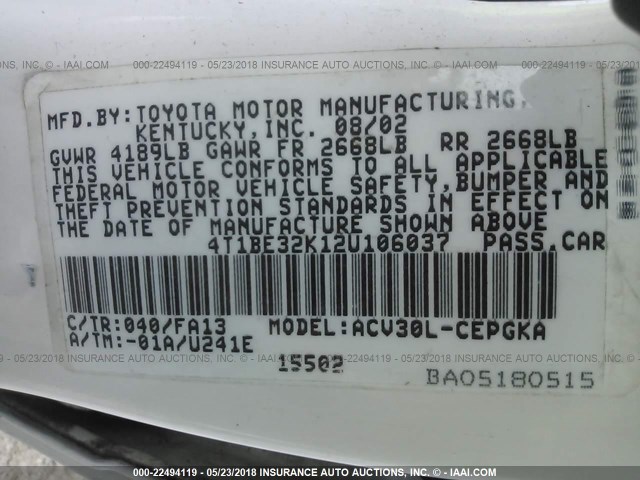 4T1BE32K12U106037 - 2002 TOYOTA CAMRY LE/XLE/SE თეთრი ფოტო 9