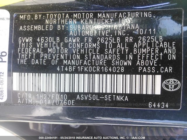 4T4BF1FK0CR164028 - 2012 TOYOTA CAMRY SE/LE/XLE 黑色 照片 9