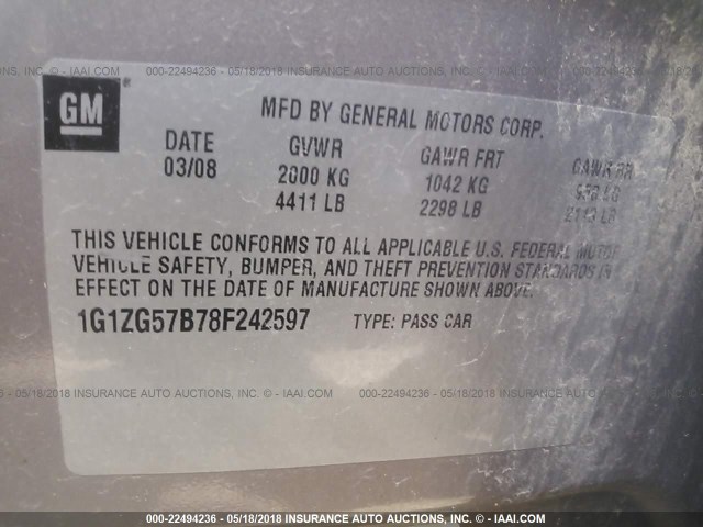 1G1ZG57B78F242597 - 2008 CHEVROLET MALIBU LS 锡色 照片 9