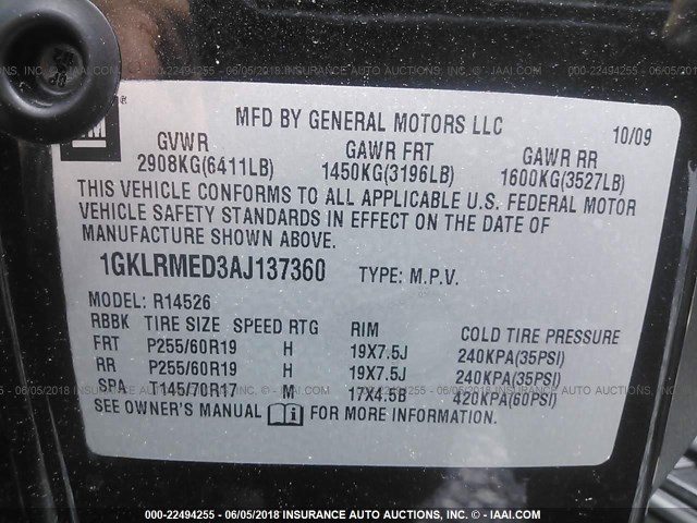 1GKLRMED3AJ137360 - 2010 GMC ACADIA SLT-1 Czarny zdjęcie 9