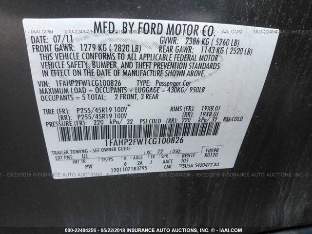 1FAHP2FW1CG100826 - 2012 FORD TAURUS LIMITED GRAY photo 9