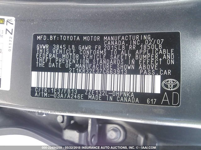 2T1KR32E37C663913 - 2007 TOYOTA COROLLA MATRIX XR GRAY photo 9