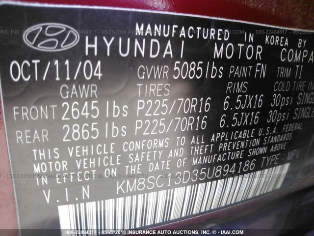 KM8SC13D35U894186 - 2005 HYUNDAI SANTA FE GLS/LX RED photo 9