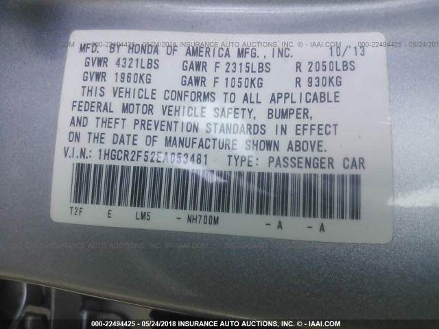 1HGCR2F52EA053481 - 2014 HONDA ACCORD SPORT Күміс фото 9