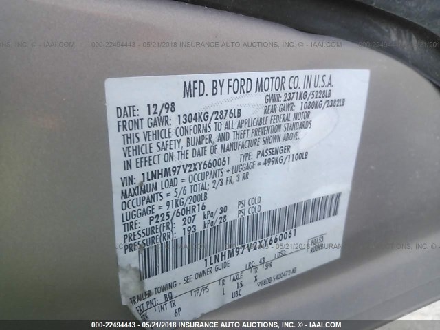 1LNHM97V2XY660061 - 1999 LINCOLN CONTINENTAL  Brązowy zdjęcie 9