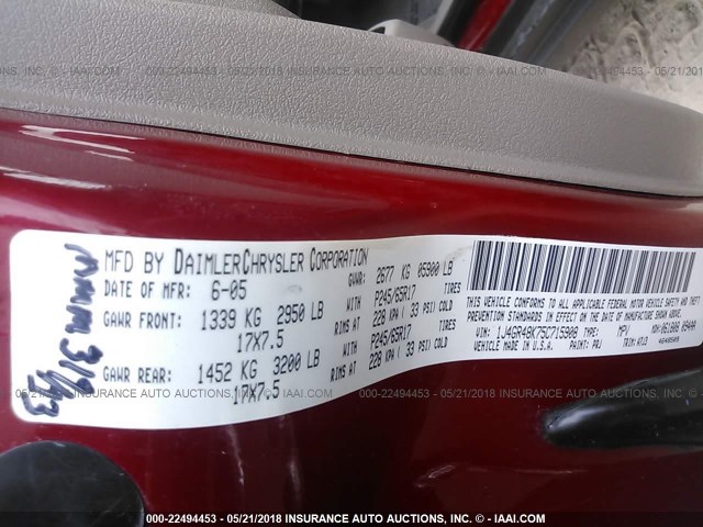 1J4GR48K75C715908 - 2005 JEEP GRAND CHEROKEE LAREDO/COLUMBIA/FREEDOM 红色 照片 9